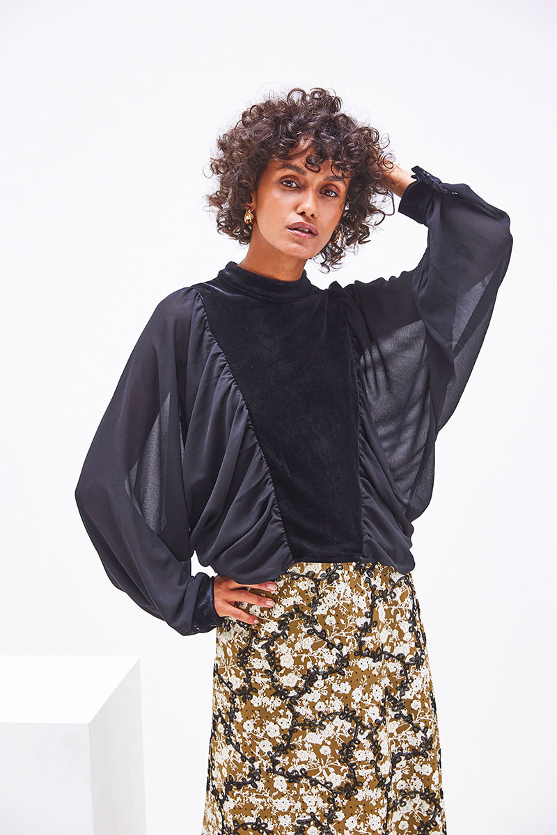 BI-MATERIAL FLORAL SKIRT