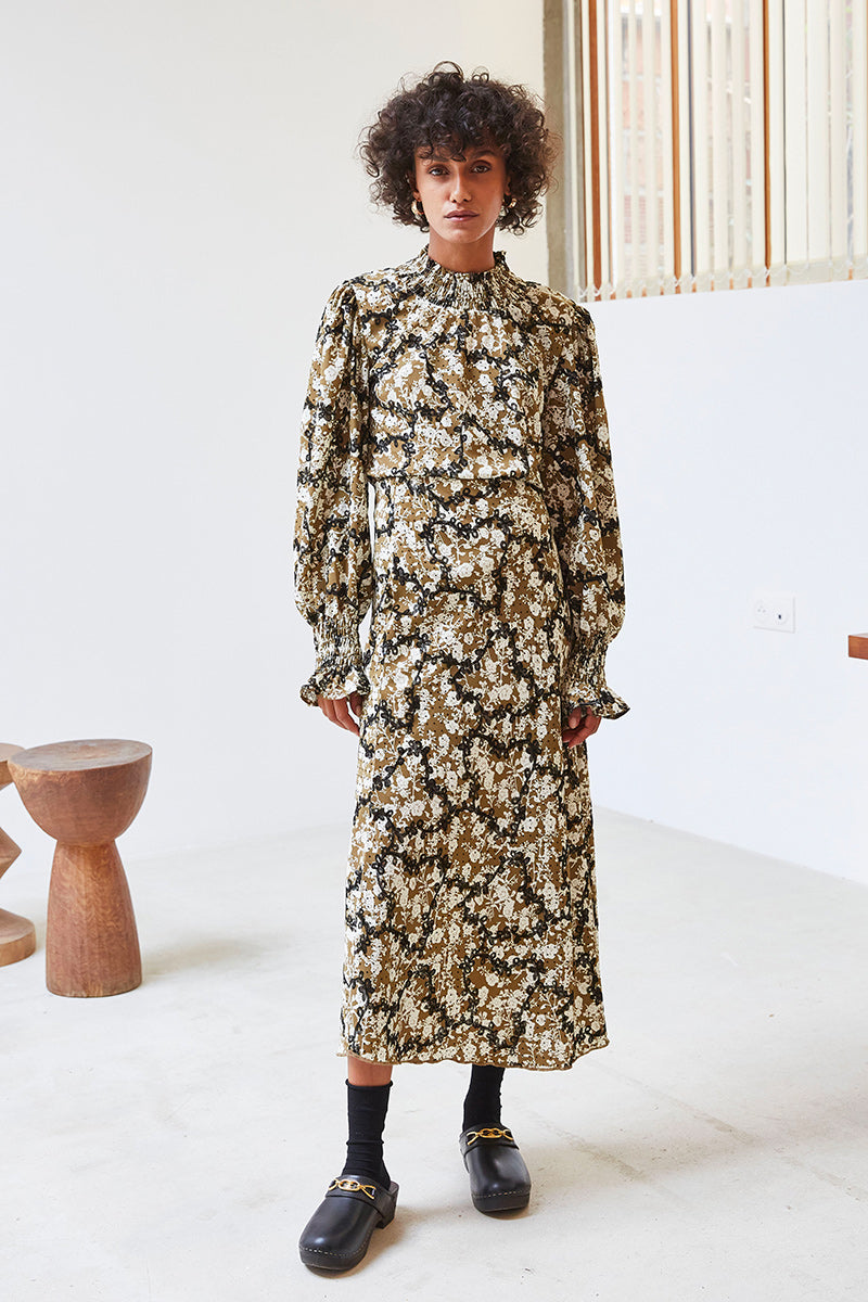 BI-MATERIAL FLORAL SKIRT