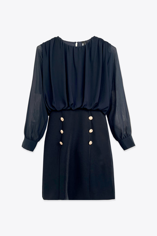 ROBE BI-MATIÈRE MARINE À BOUTONS