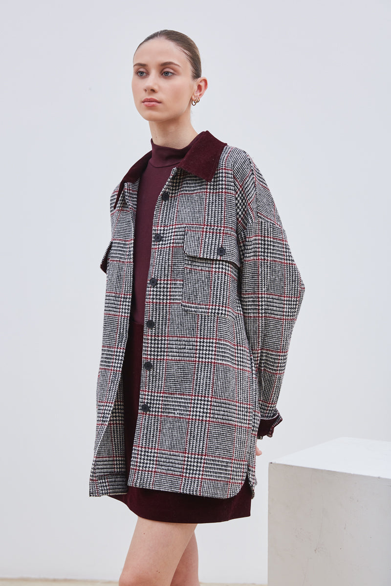 VESTE À CARREAUX ET VELOURS CÔTELÉ