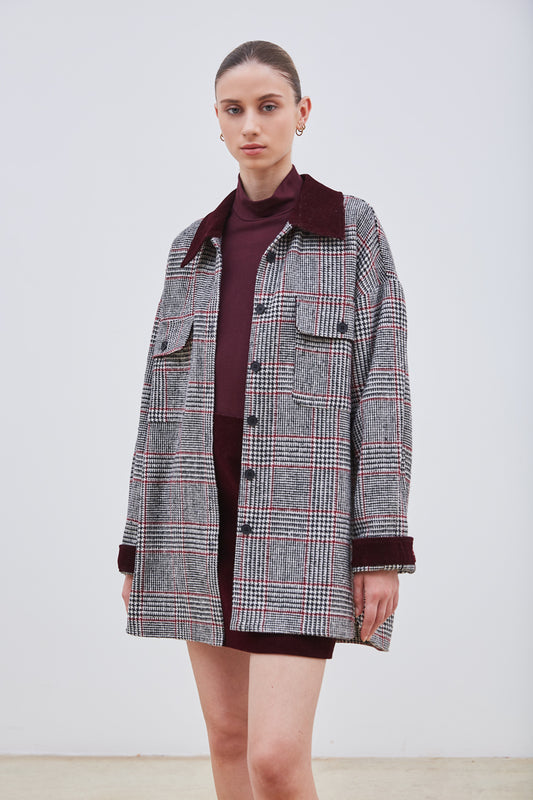 VESTE À CARREAUX ET VELOURS CÔTELÉ