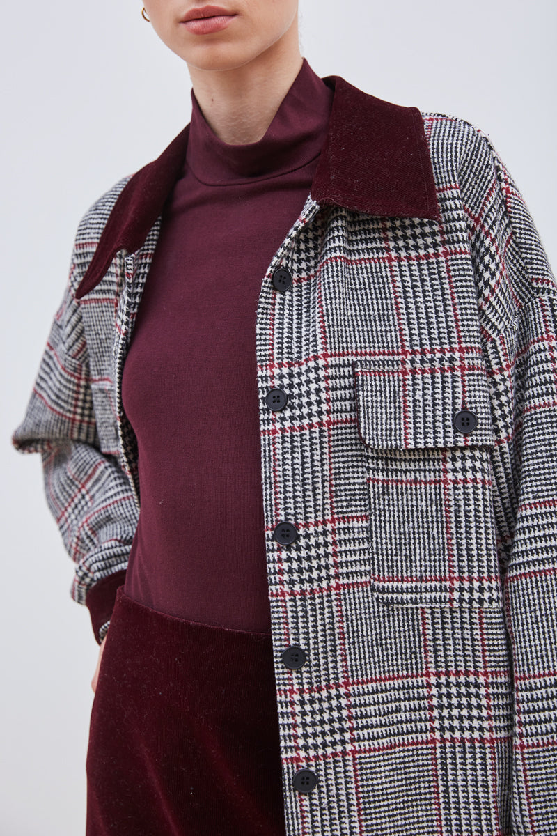 VESTE À CARREAUX ET VELOURS CÔTELÉ