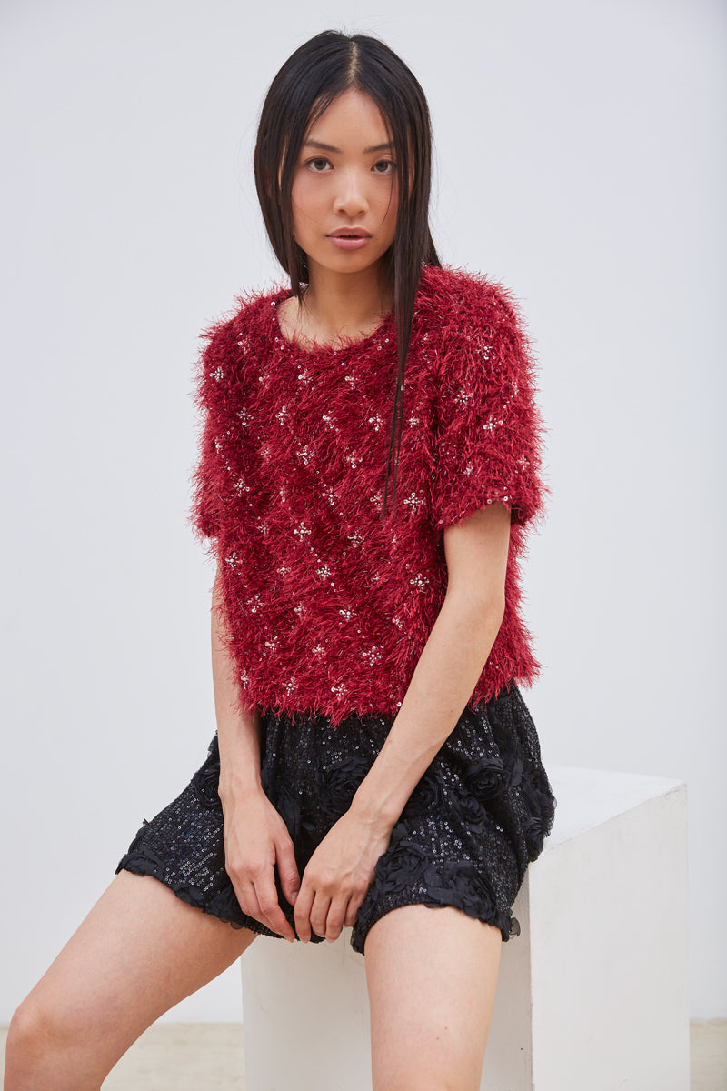 TOP PLUMEUX À PAILLETTES