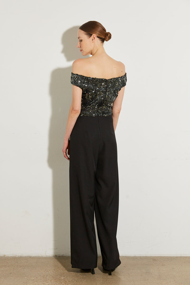 COMBINAISON PANTALON BI-MATIÈRE À SEQUINS