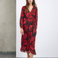 ROBE PORTEFEUILLE LONGUE À FLEURS ROUGES