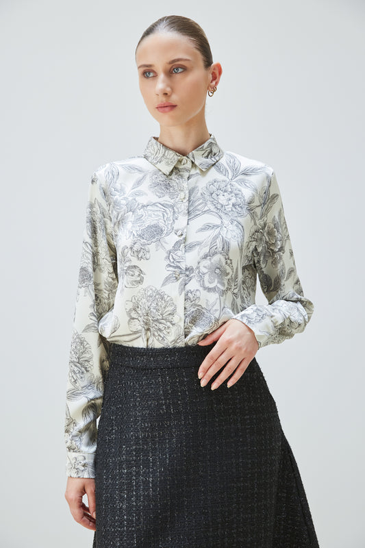 CHEMISIER IMPRIMÉ FLEURI MONOCHROME
