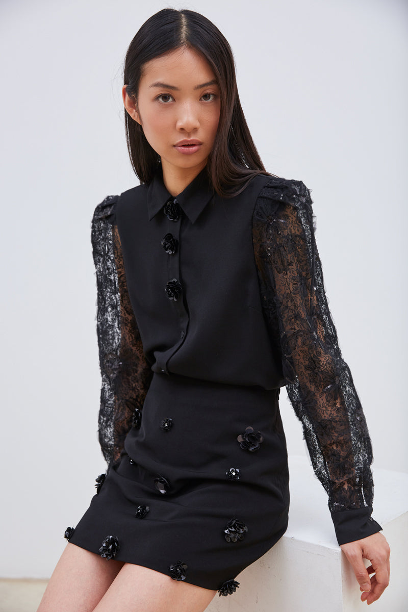 CHEMISIER À MANCHES DENTELLE ET SEQUINS