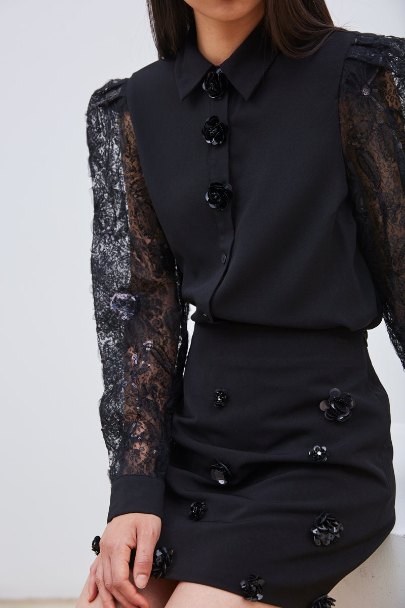 CHEMISIER À MANCHES DENTELLE ET SEQUINS