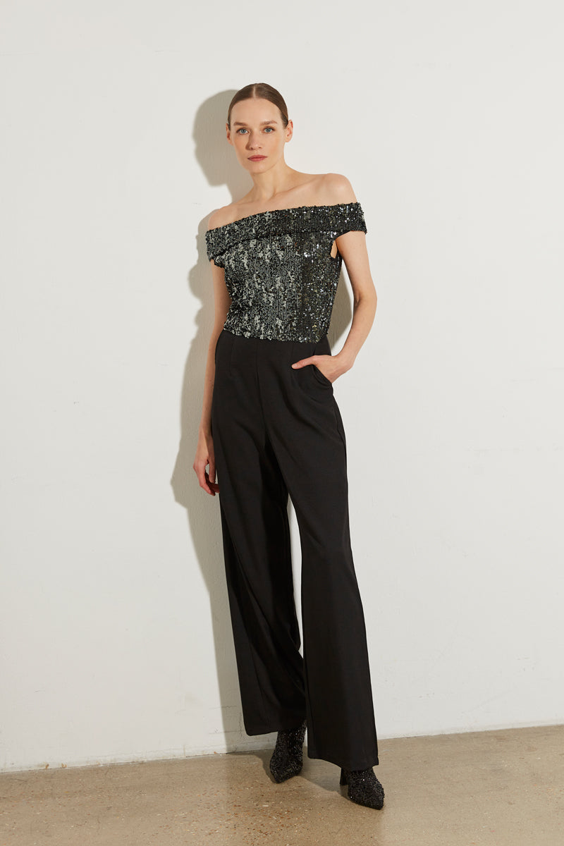 COMBINAISON PANTALON BI-MATIÈRE À SEQUINS