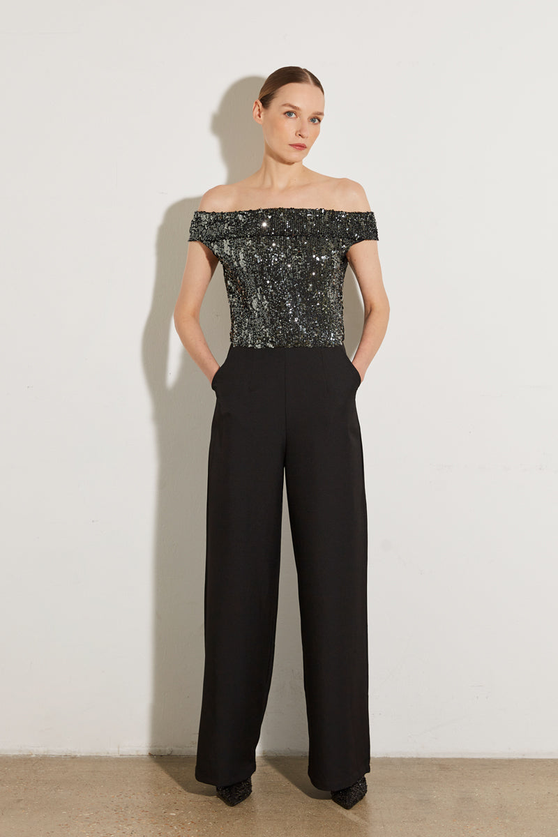 COMBINAISON PANTALON BI-MATIÈRE À SEQUINS