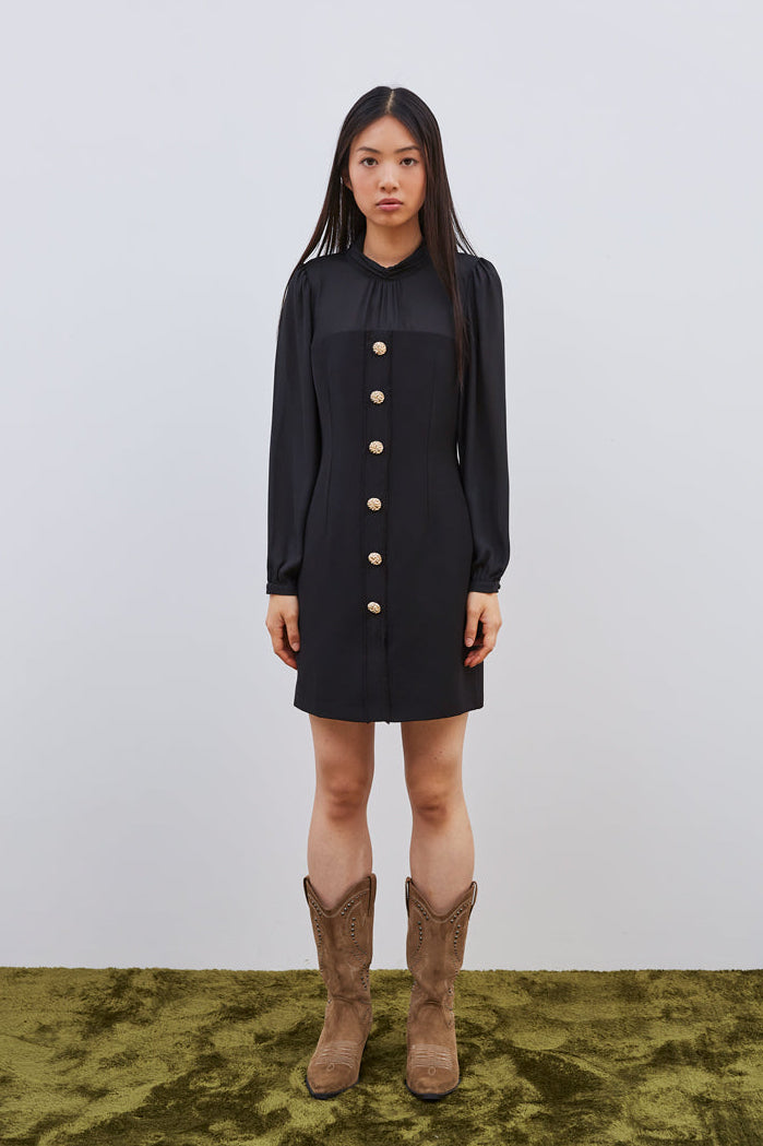 ROBE BI-MATIÈRE À BOUTONS DORÉS