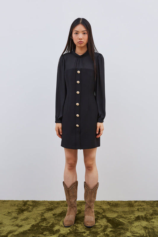 ROBE BI-MATIÈRE À BOUTONS DORÉS