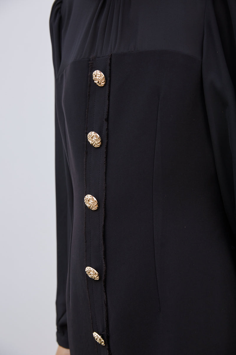 ROBE BI-MATIÈRE À BOUTONS DORÉS