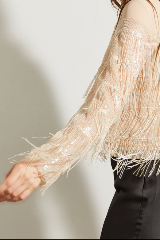 TOP EN VOILE À FRANGES ET SEQUINS