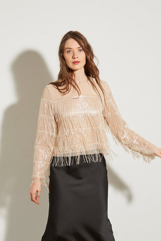 TOP EN VOILE À FRANGES ET SEQUINS