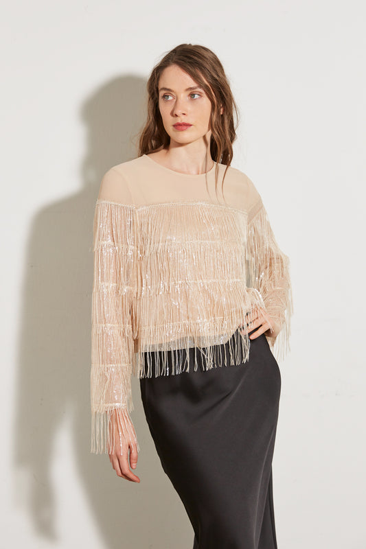 TOP EN VOILE À FRANGES ET SEQUINS