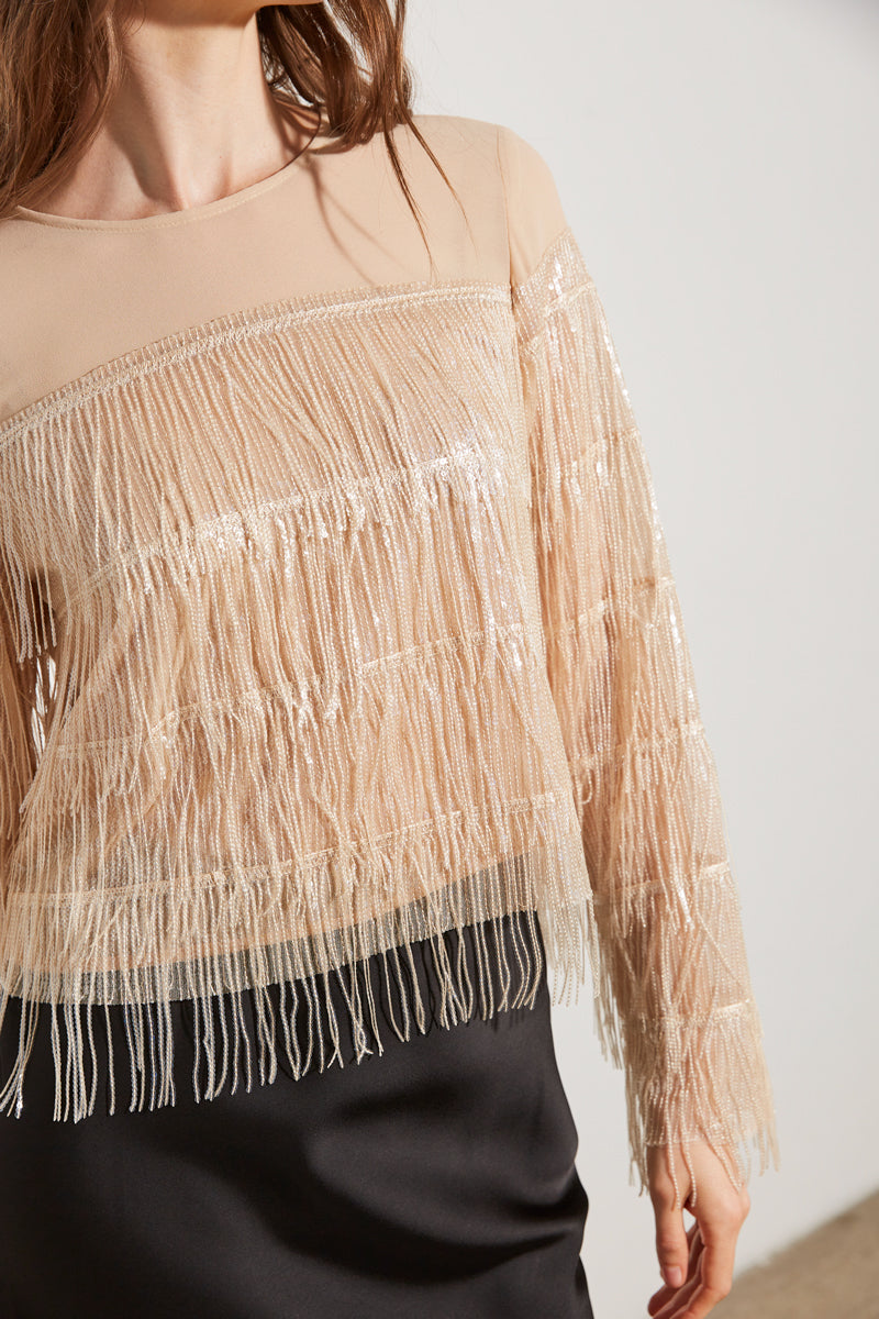 TOP EN VOILE À FRANGES ET SEQUINS