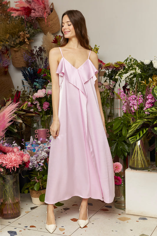 ROBE SATINÉE ROSE À BRETELLES