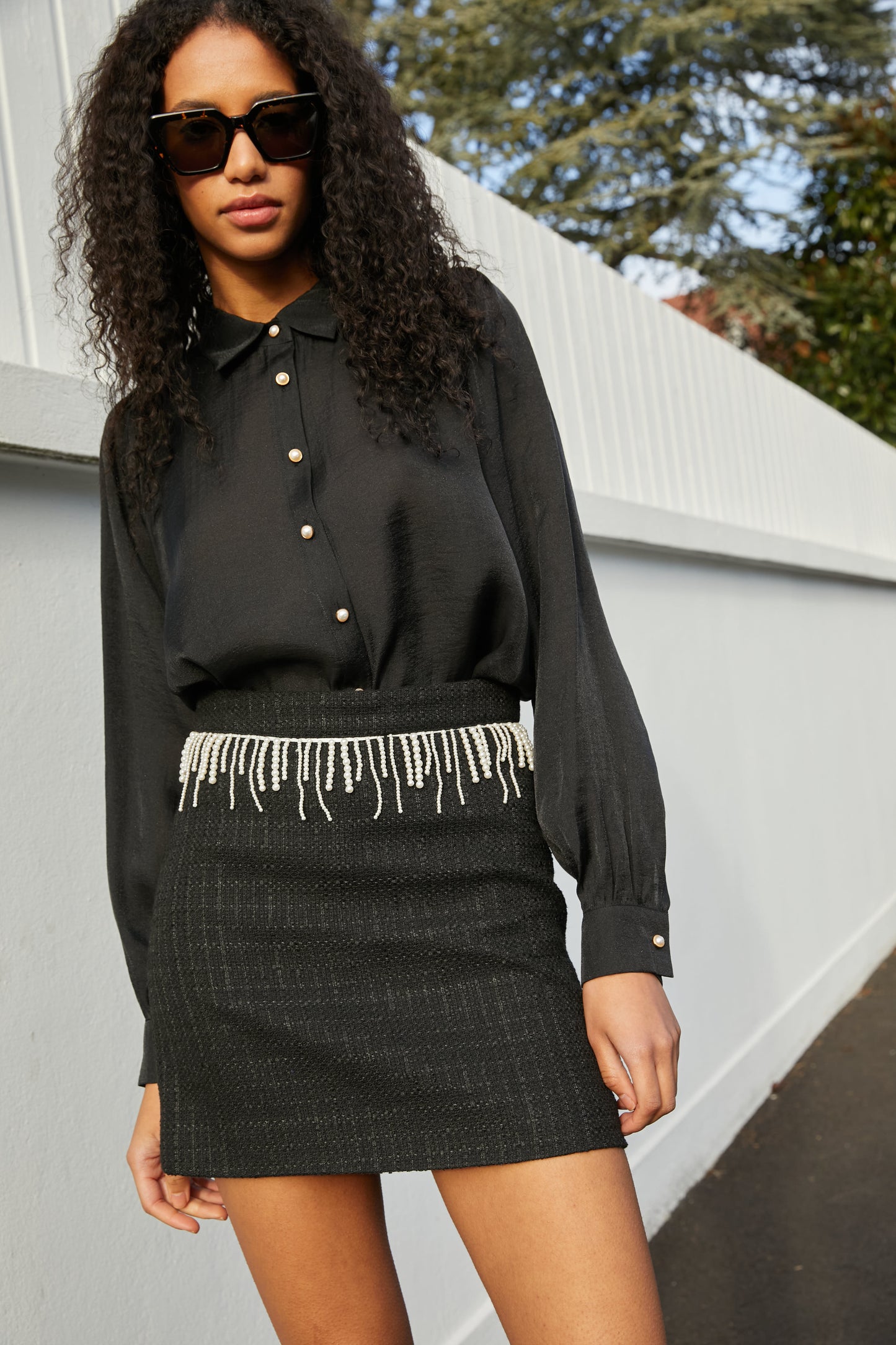 JUPE TWEED À FRANGES PERLÉES
